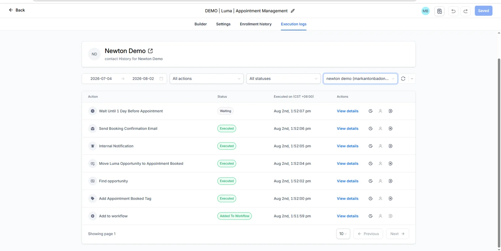 Appointment workflow execution log