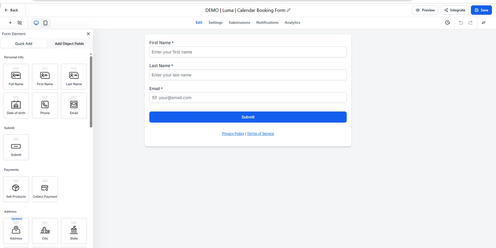 Luma calendar booking form