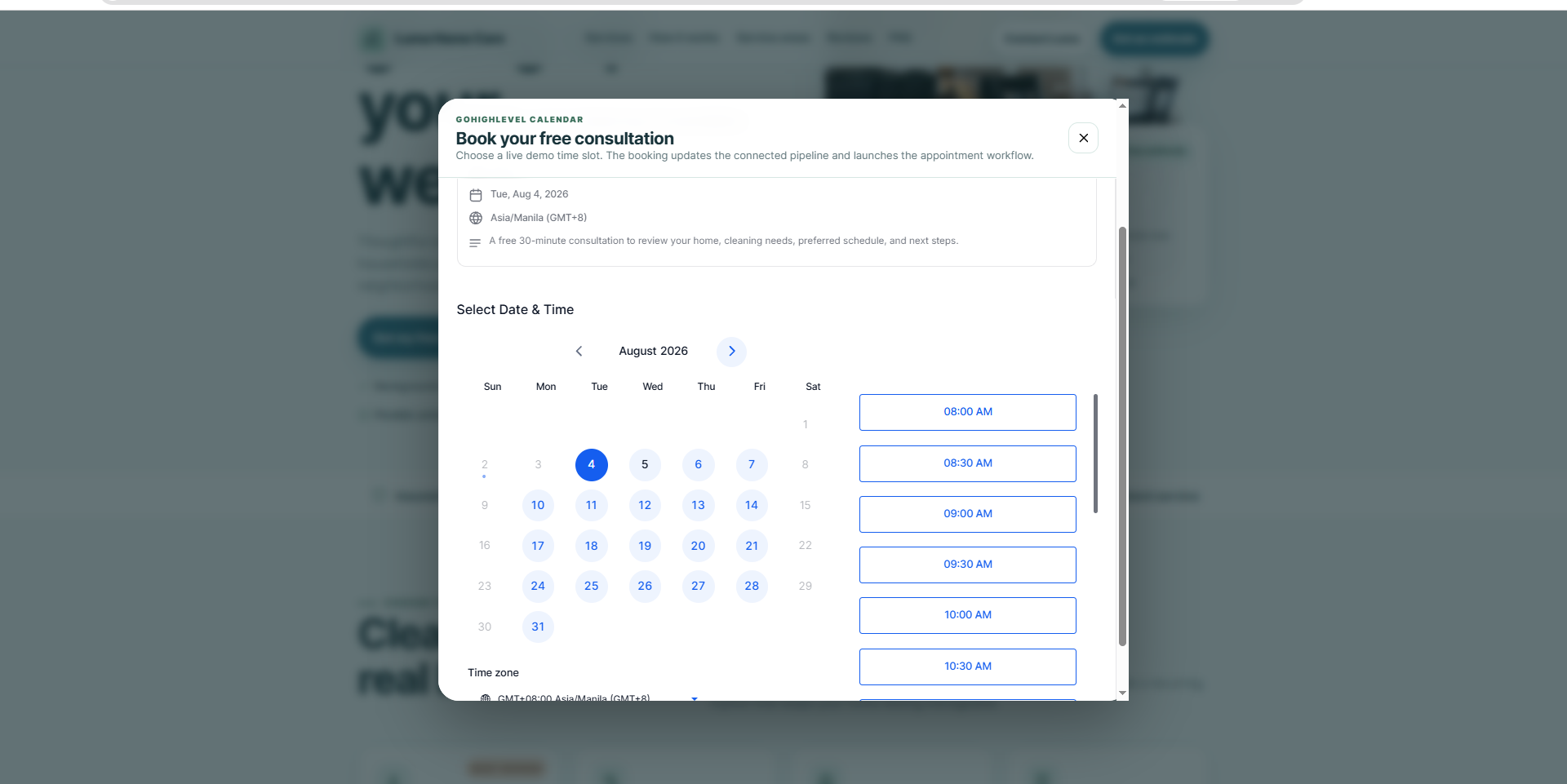External Luma page with embedded GoHighLevel calendar