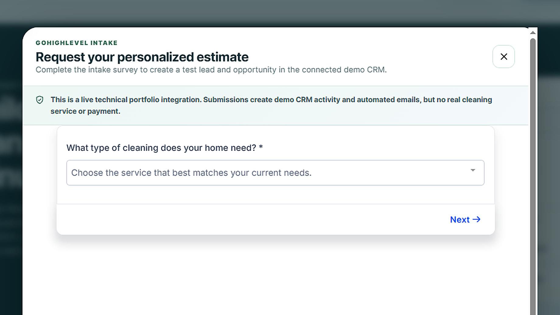 Luma Home Care external landing page displaying the embedded GoHighLevel estimate survey