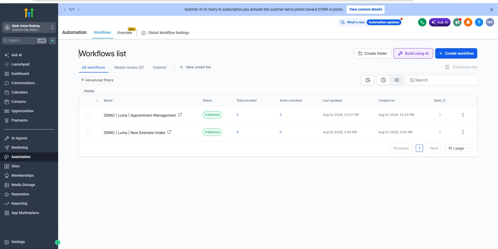 Published Luma workflows in GoHighLevel